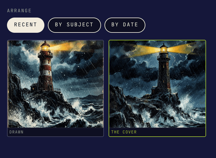 Quarkle Drawing Room Gallery with two generated lighthouse covers and the canonical cover marked