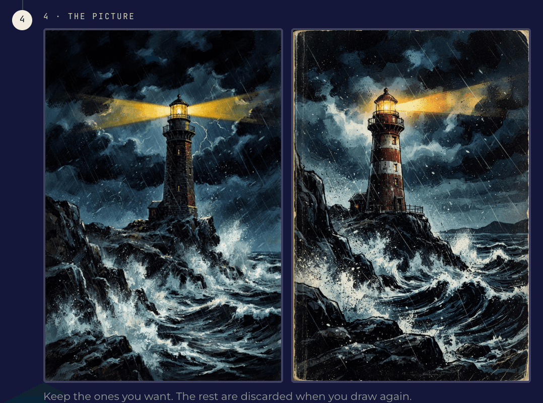 Two AI-generated lighthouse book cover concepts in Quarkle's Drawing Room, ready to inspect and keep