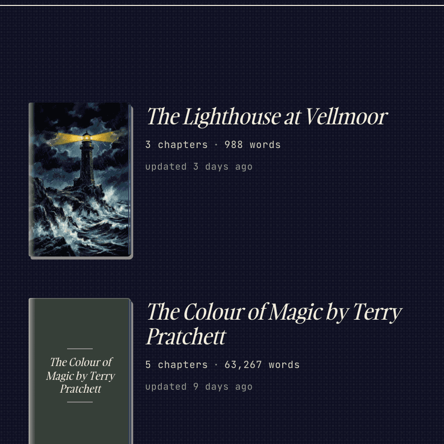 The Lighthouse at Vellmoor manuscript card displaying its generated AI book cover in the Quarkle Studio Library