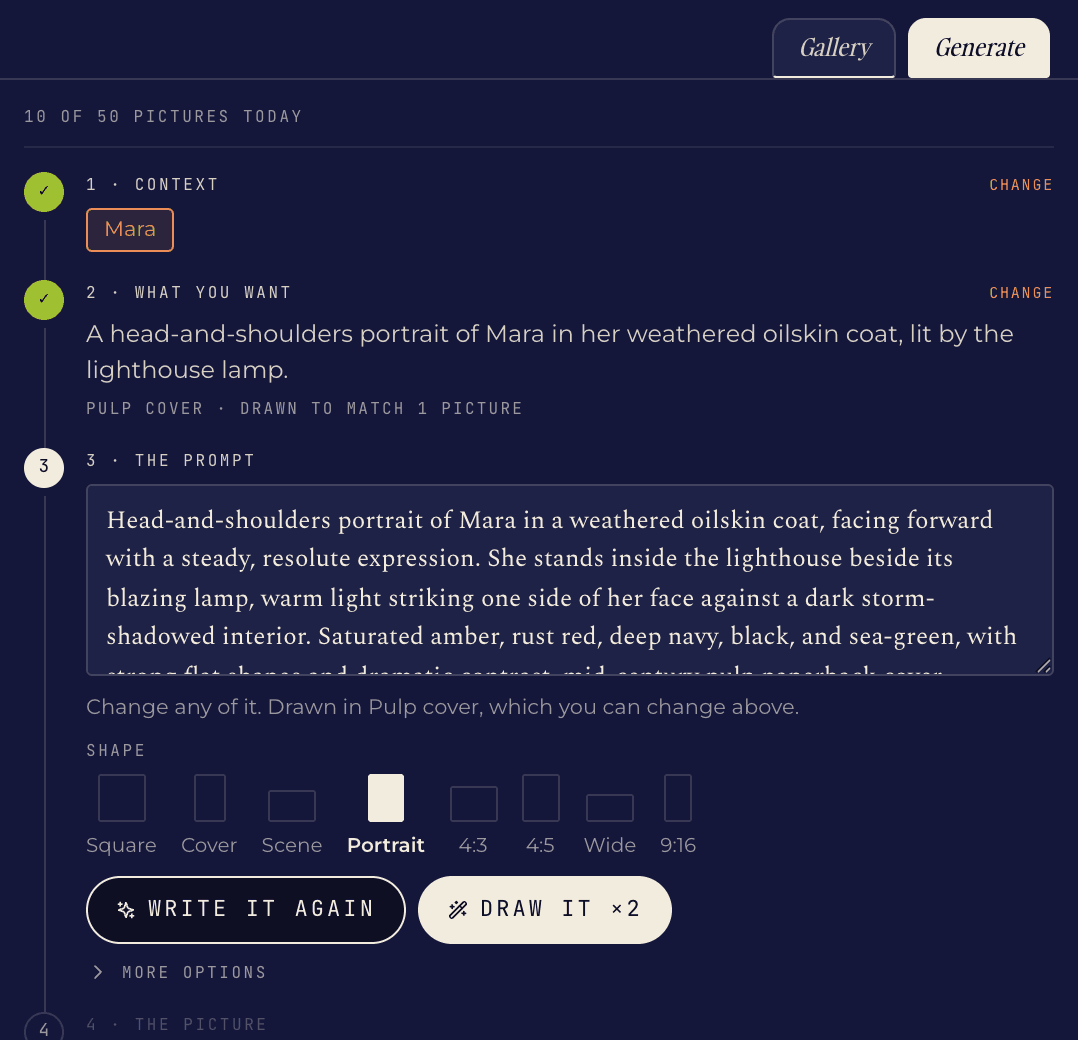 An editable AI character portrait prompt with portrait aspect ratio selected in Quarkle