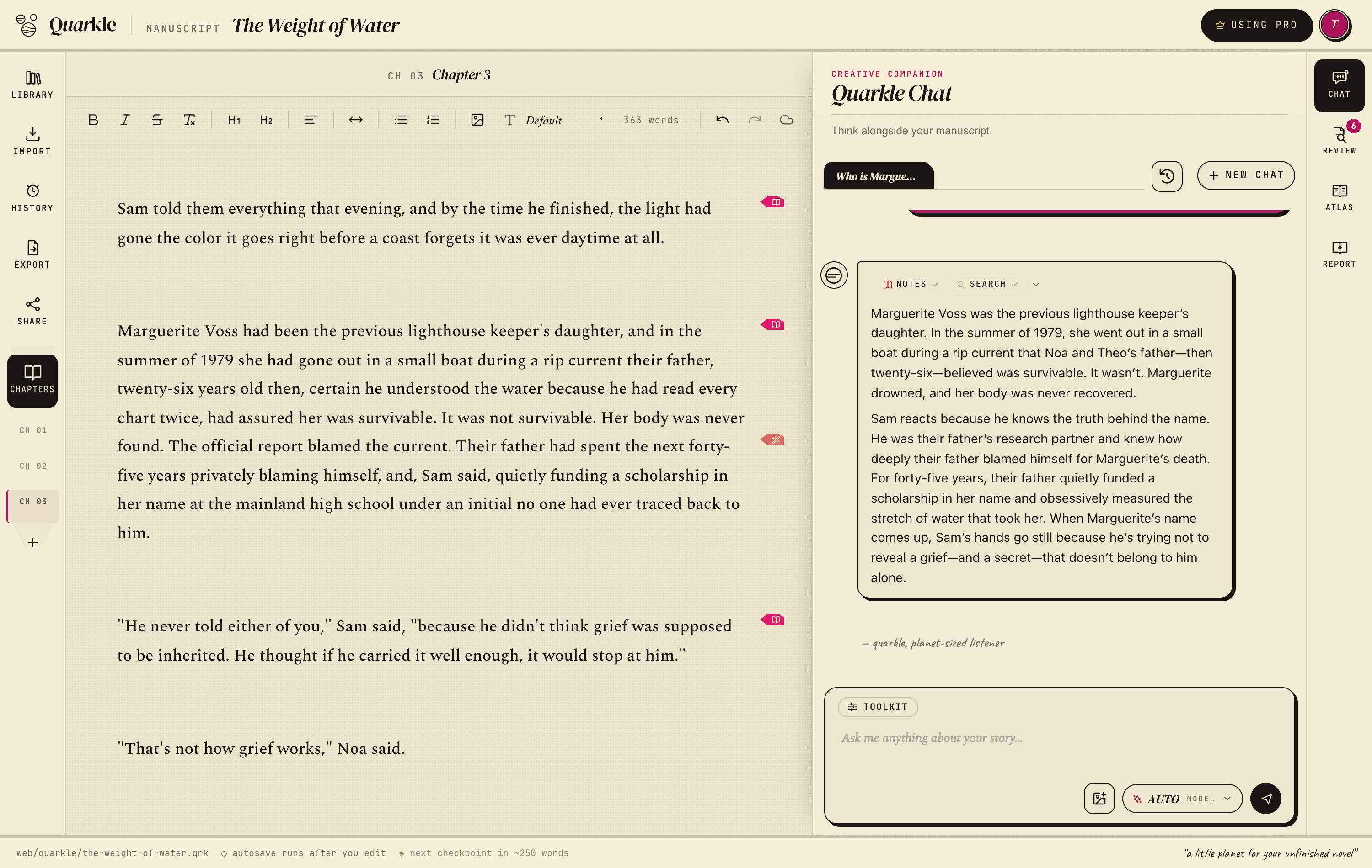 Quarkle Studio: the manuscript editor next to Quarkle Chat, answering a question about a character with details drawn from the book