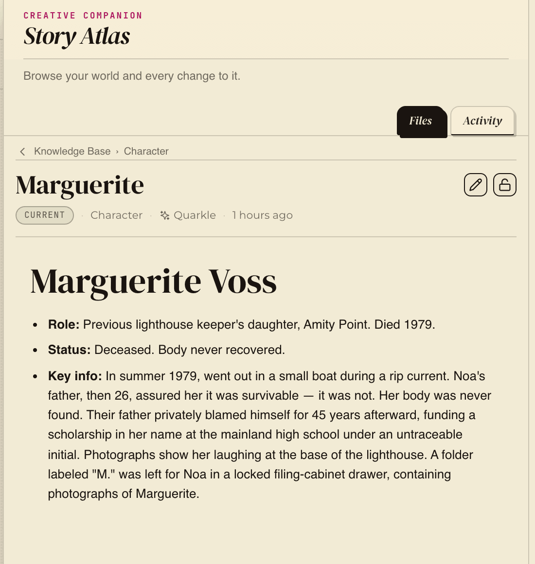 An auto-written character note for Marguerite Voss: role, status, and key info drawn from the manuscript