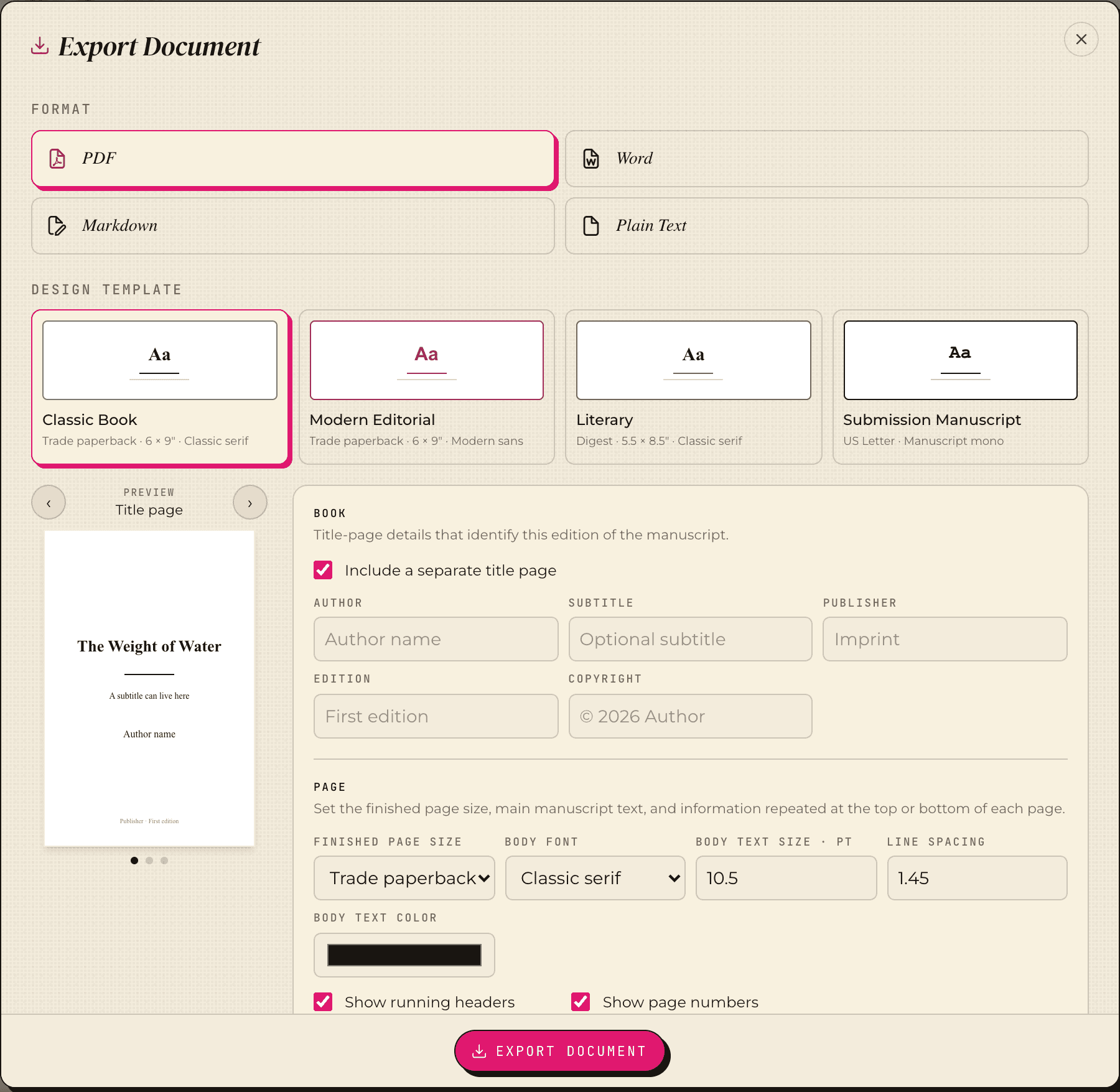 The Export Document dialog with format and design template options, showing the title page for The Weight of Water