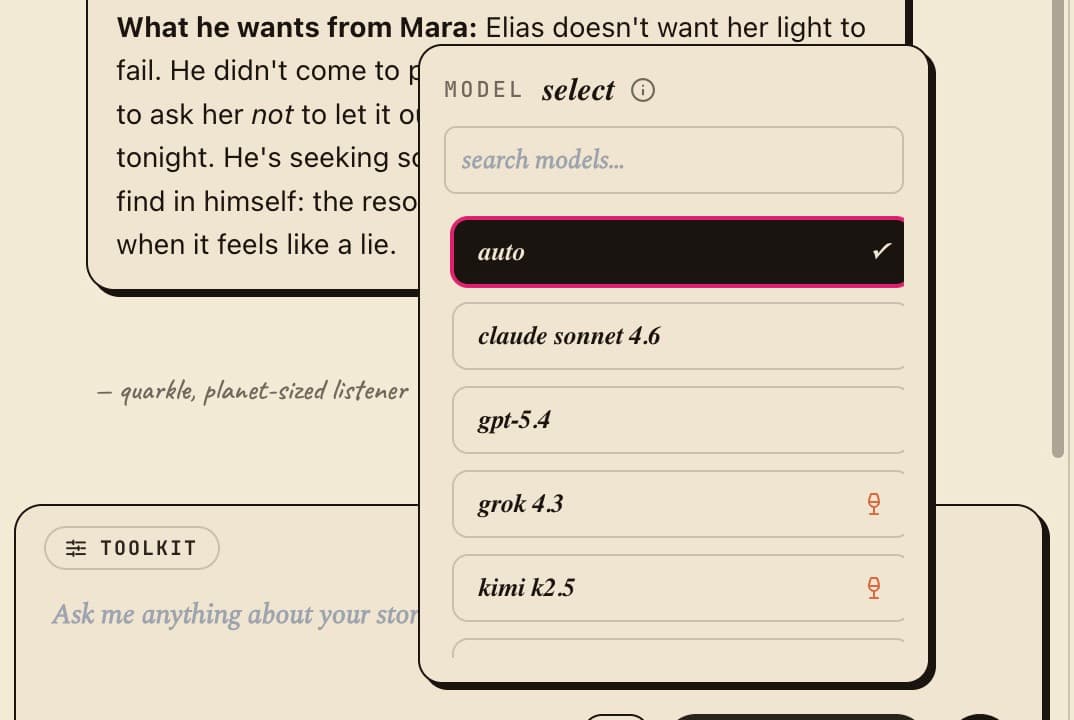 The model picker showing Claude Sonnet 4.6, GPT-5.4, Grok 4.3, and Kimi K2.5 as selectable options