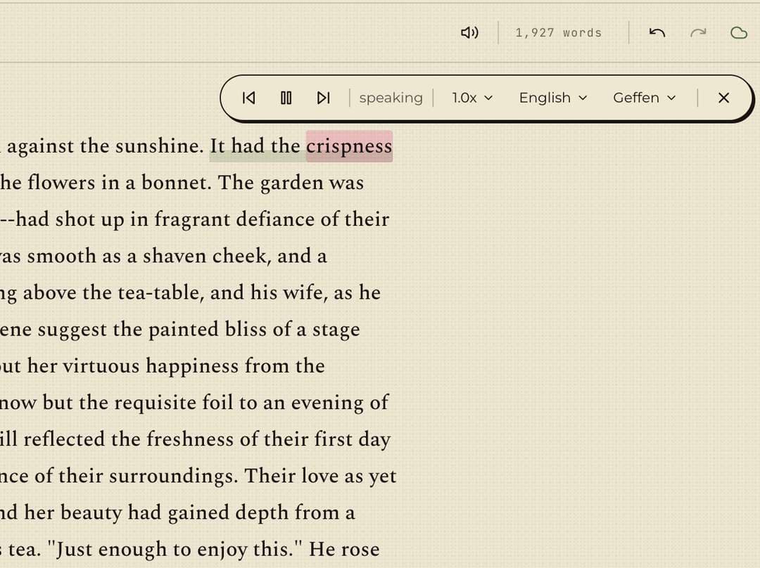 The Read Aloud bar over a manuscript: play controls, speed, language, and voice pickers, with the word being spoken highlighted in the prose